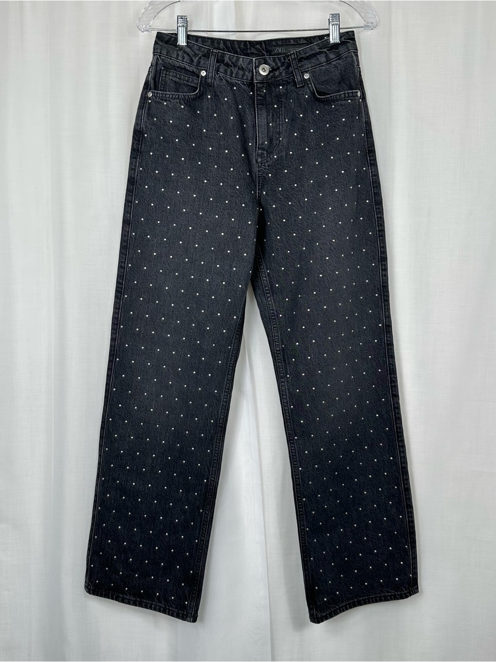 Zara Z1975 Wide Loose Straight High Waist Studded Jeans 0 Washed Black